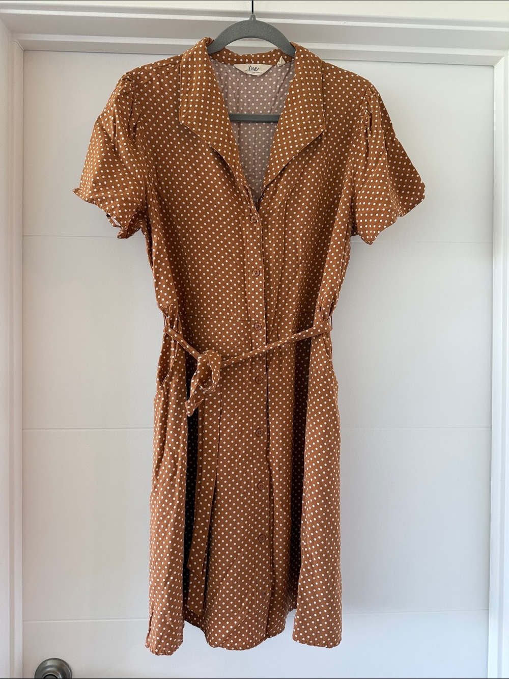 Camel with White Polka Dot Button-Front Midi Dress